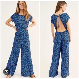 Free People Hallie Blue Black Floral Jumpsuit size XS Open Back Short Sleeve
